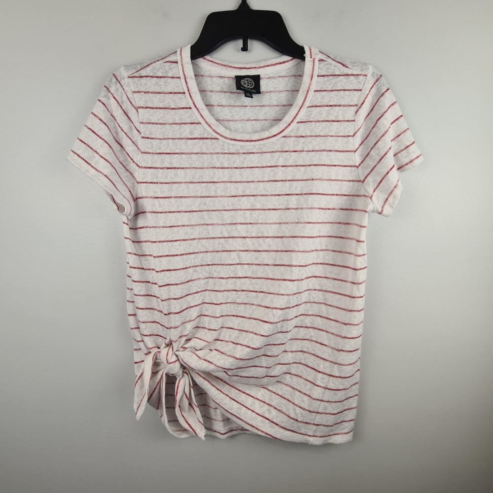 Bobeau Womens Small White Red Striped Front Tie Knot Short Sleeve Top Coastal